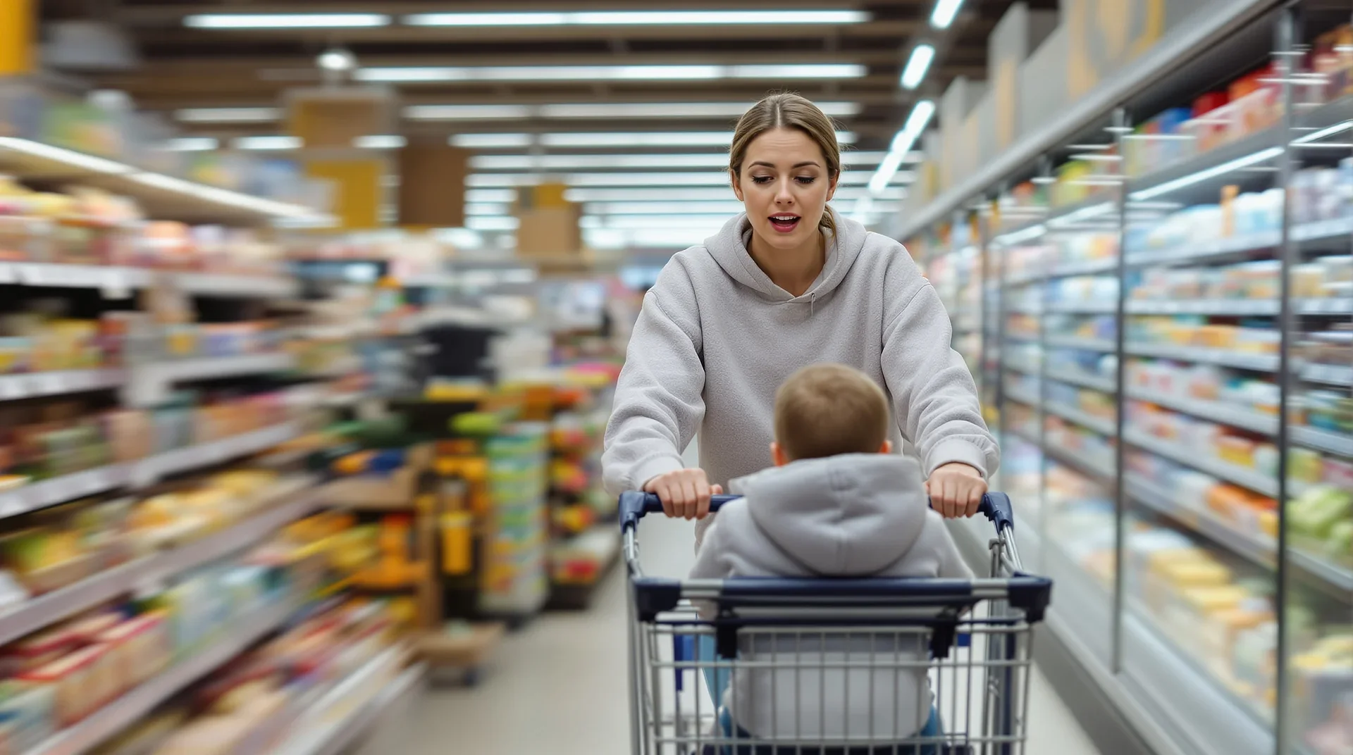 A mom walking through the grocery store and feeling dizzy and off-balance.
