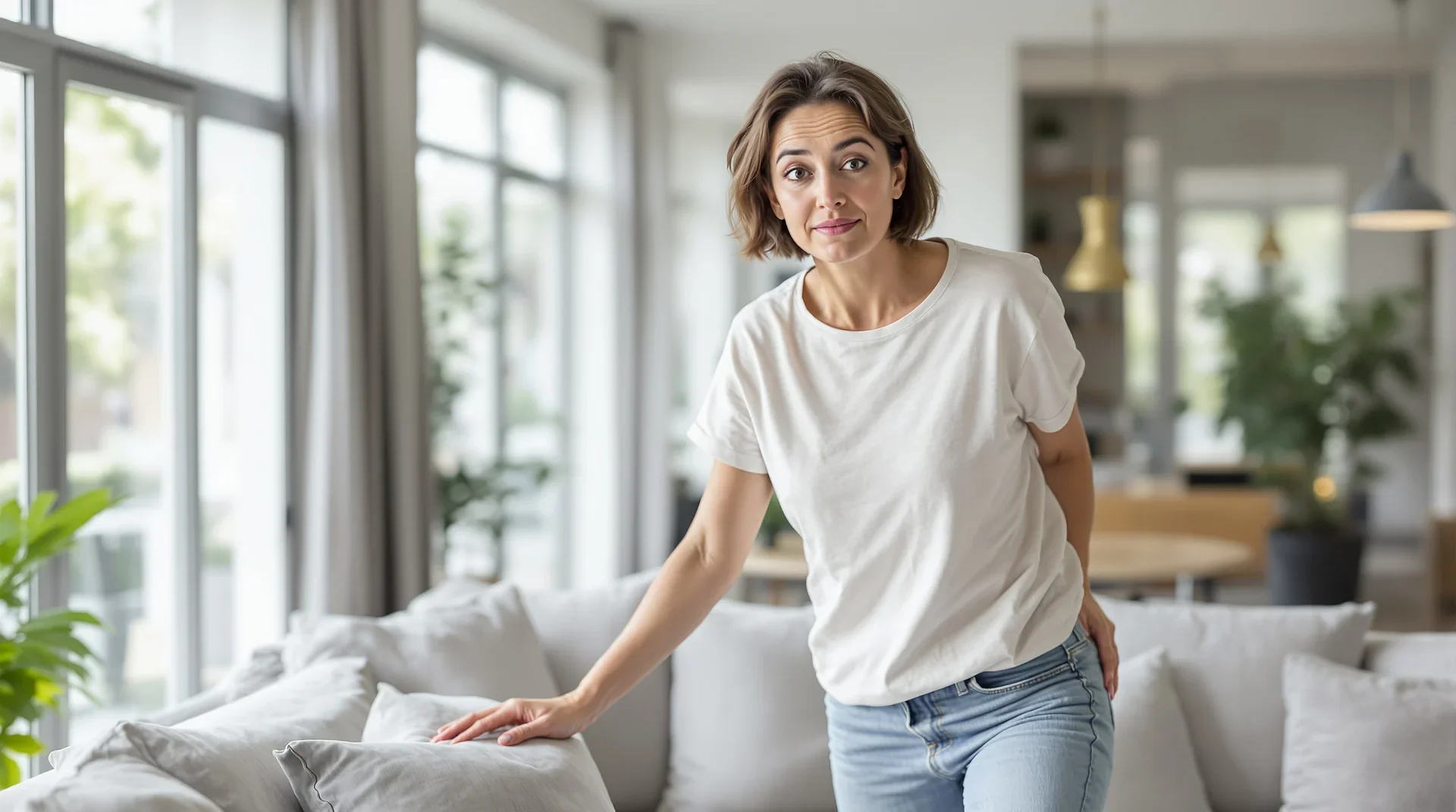 A middle-aged woman who is standing and wondering why she is feeling dizzy.
