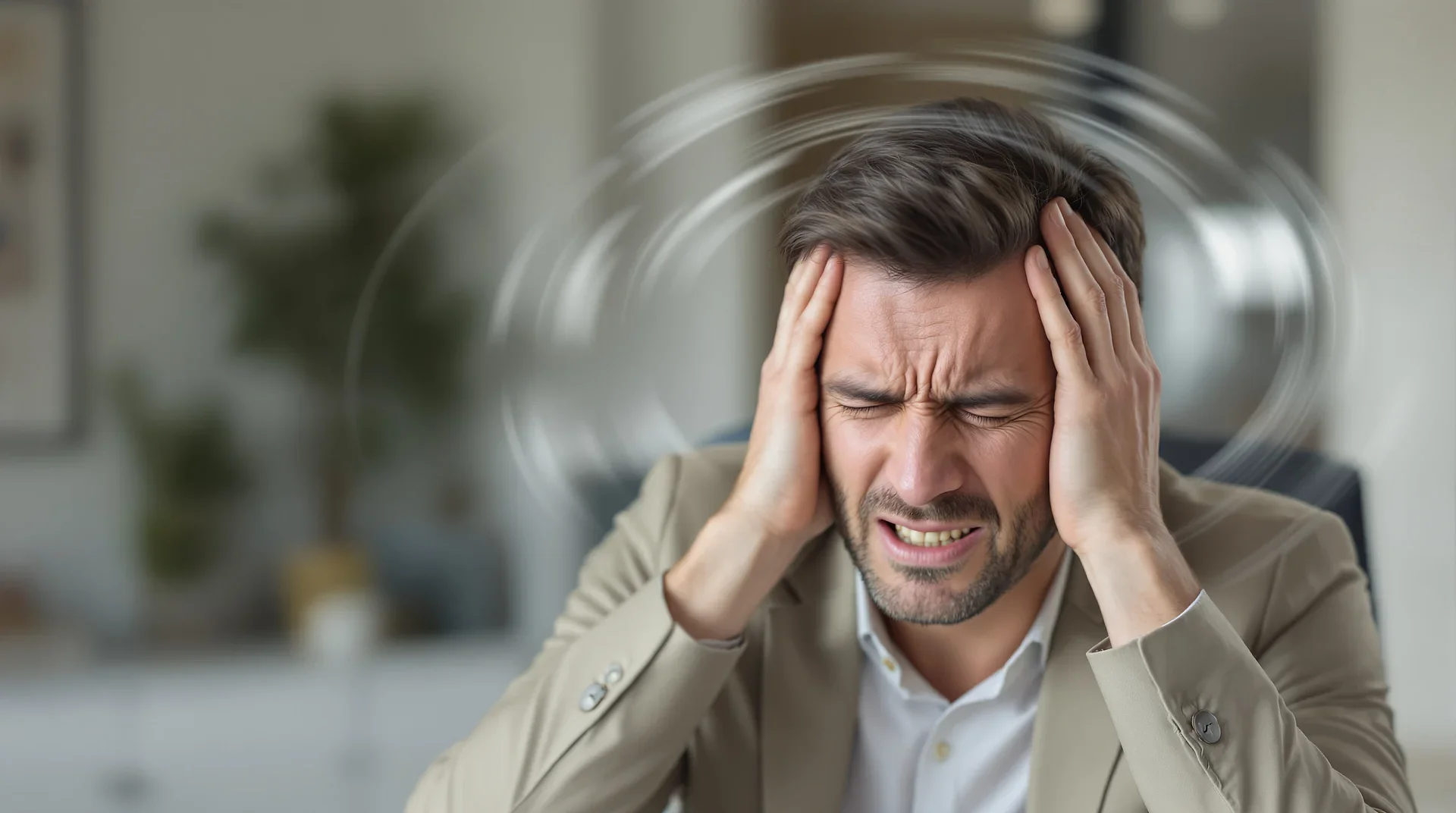 A man who is experiencing vertigo symptoms and it feels like the room is spinning.