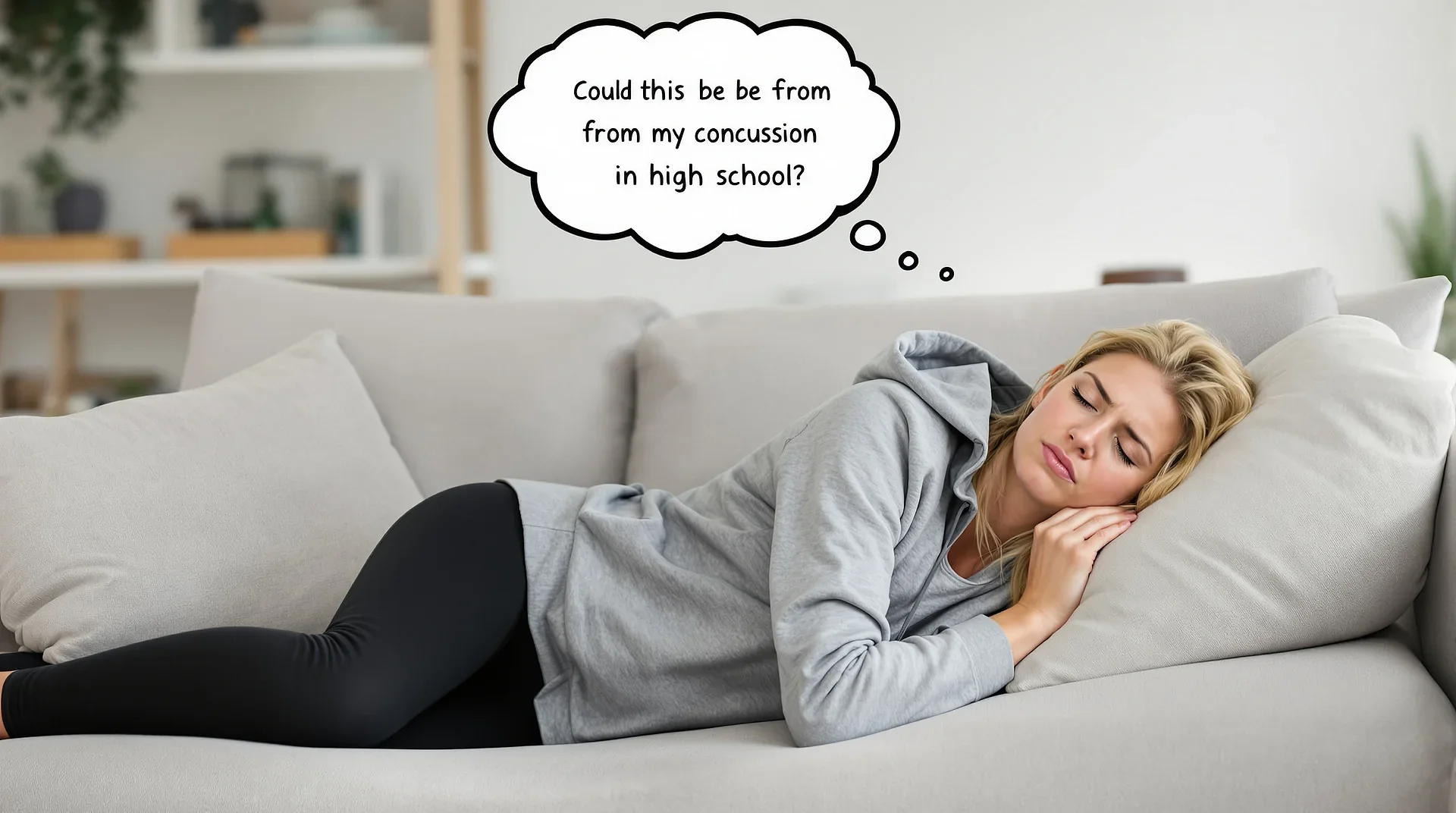 A woman laying on couch wondering if her terrible headaches are from a concussion back in high school.