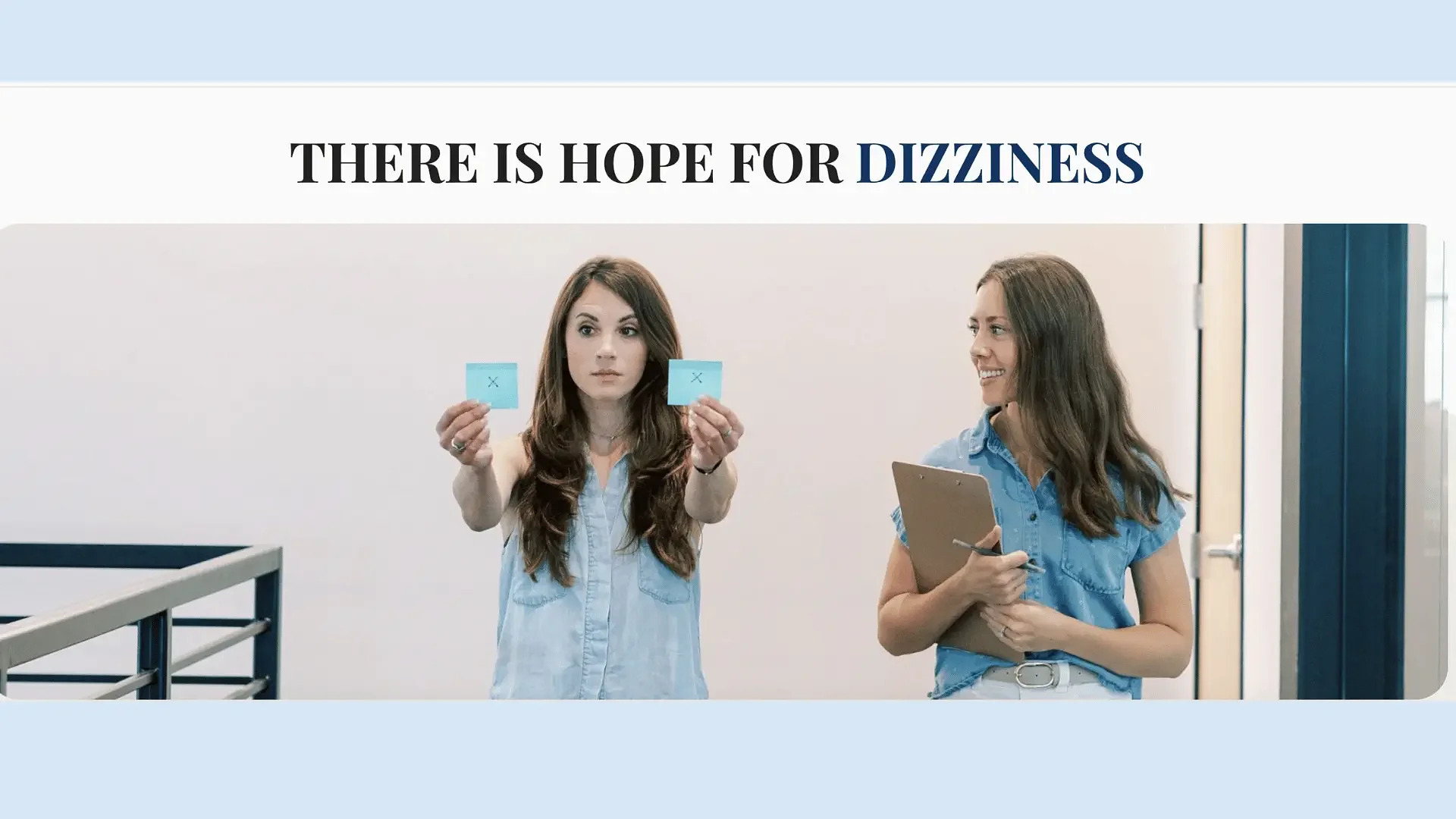 A woman performs vestibular balance exercises with a vestibular therapist at a Fishers, IN clinic.