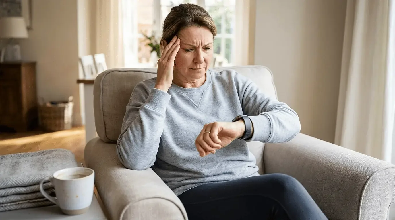 A woman looking hopeful while working with a vestibular physical therapist during a balance exercise session