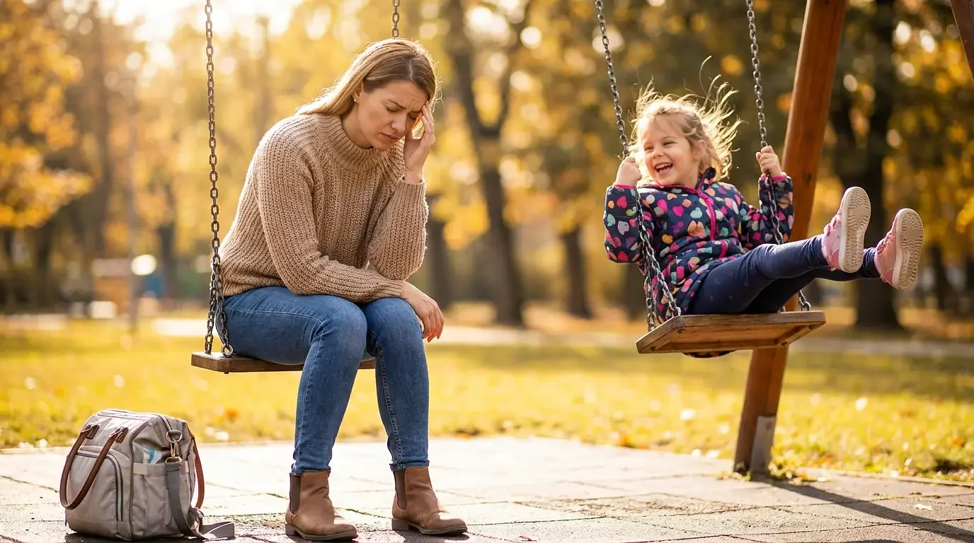 Mom sitting on swing feeling dizzy while her child is swinging next to her. 
