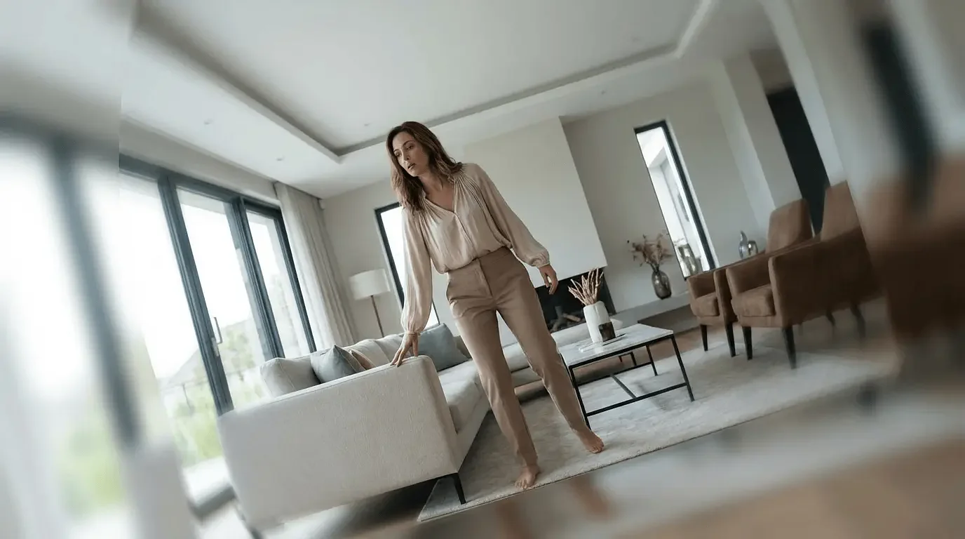 A woman standing and feeling dizzy while walking. The room is spinning.