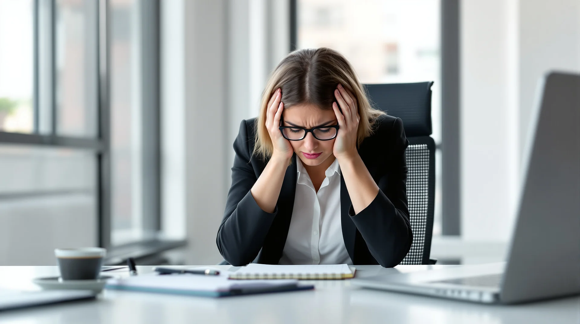 A woman sitting at her desk holding her head because she has an intense headache.