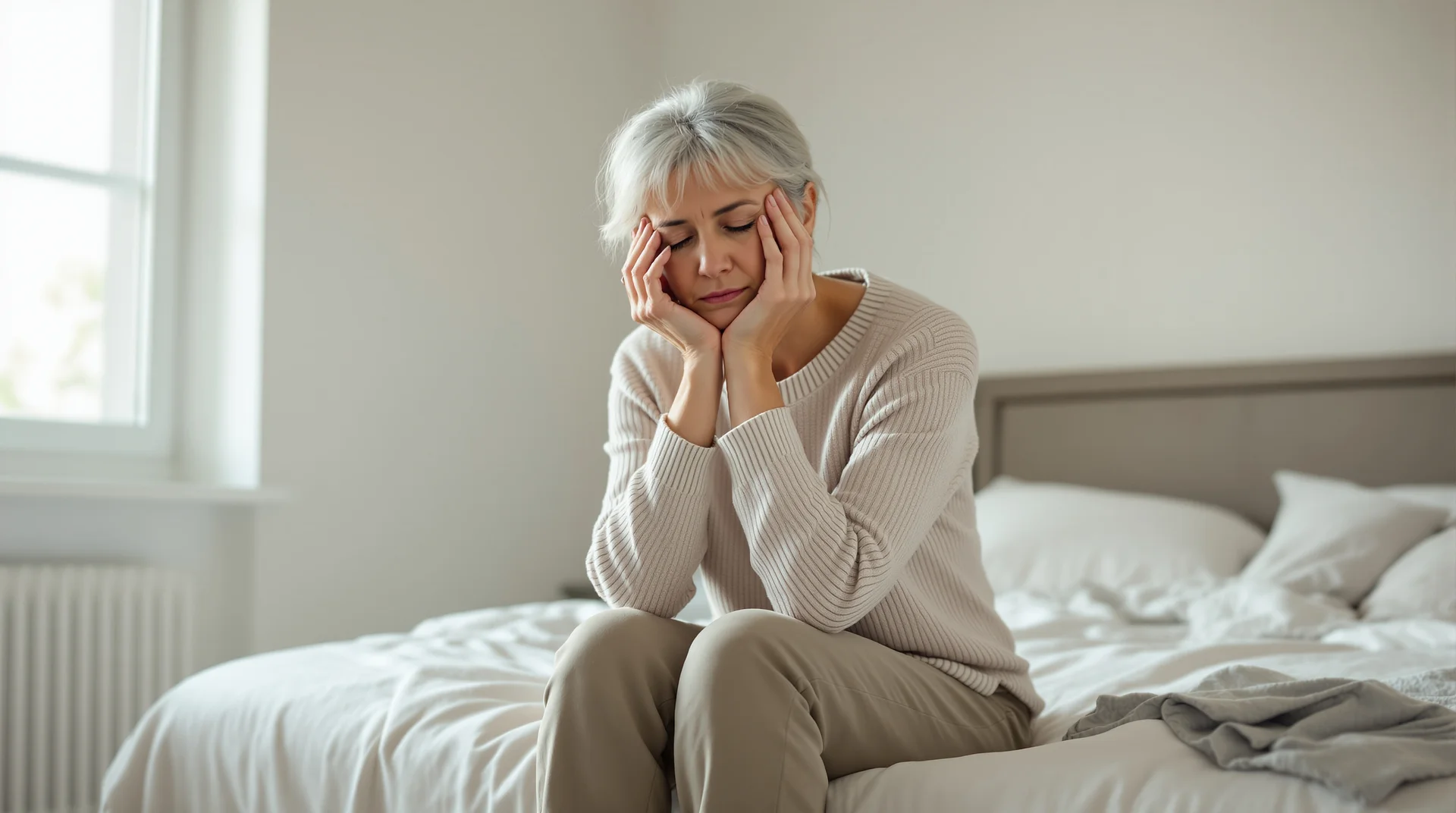 A woman in her 60s sitting at the edge of the bed and feeling dizzy so she is gathering herself before standing up.