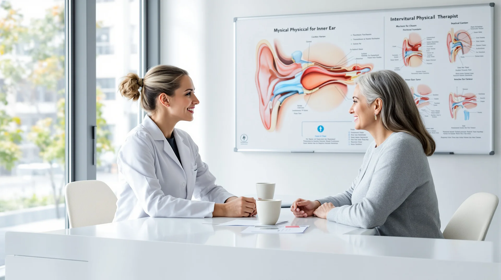 Physical therapist consulting with patient about dizziness treatment options in Indianapolis area clinic