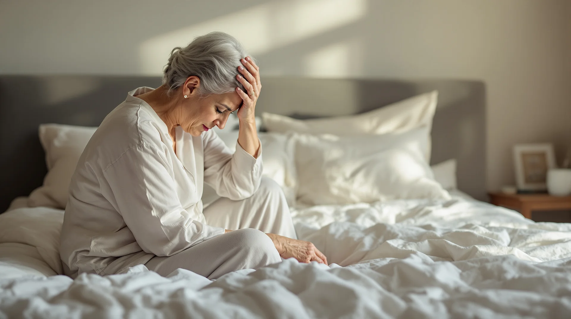 Person sitting on edge of bed holding their head, experiencing morning dizziness and vertigo symptoms