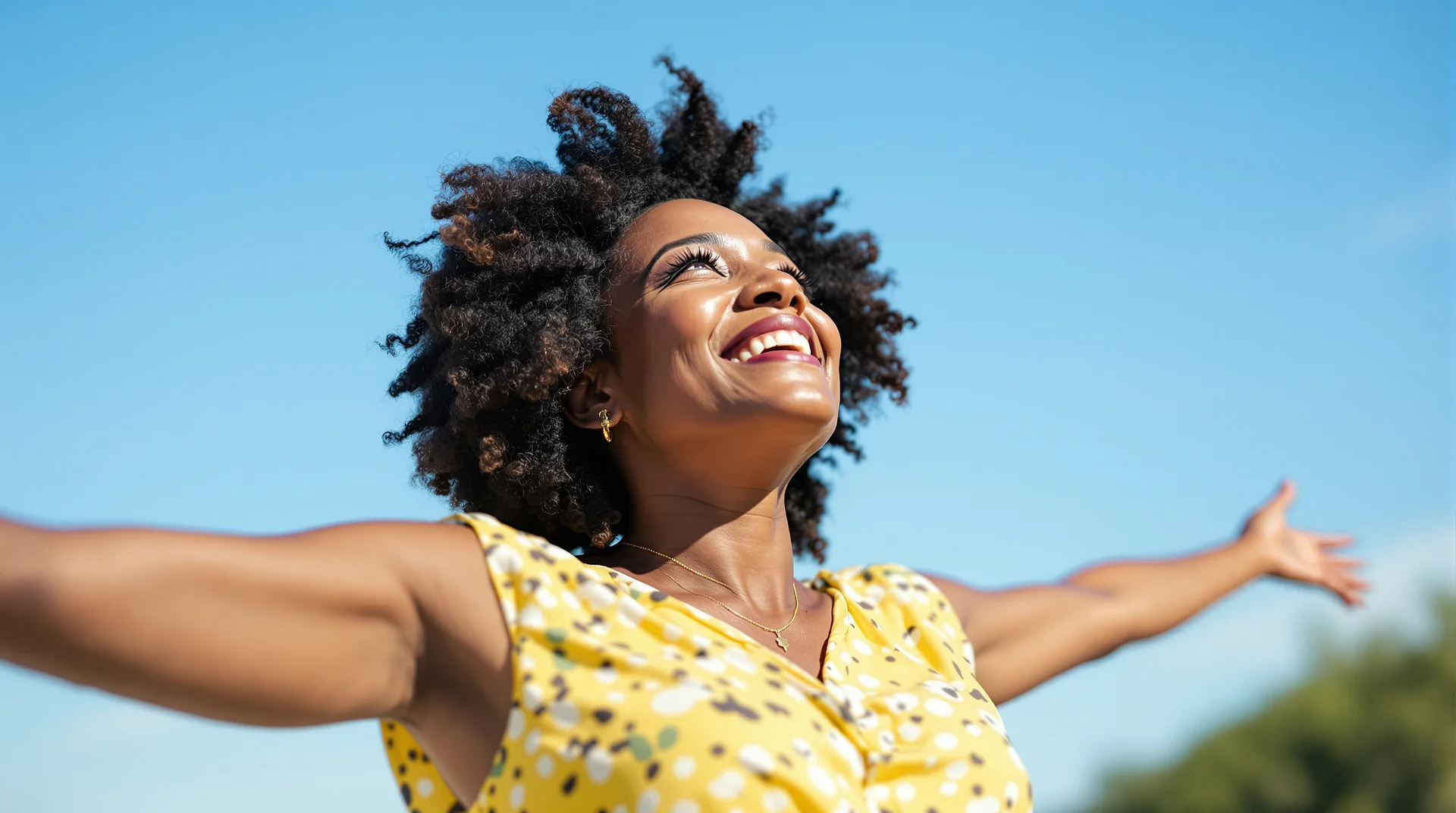 Woman looking up at the sky with a peaceful expression, feeling relief and freedom after successful BPPV vertigo treatment